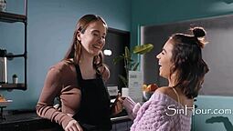 Small tits and shaved pussy get rubbed and fingered in lesbian encounter
