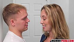 Blonde step aunt gives oral pleasure to her young step nephew