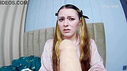 Stepdad convinces his attractive daughter with a ponytail to give him a blowjob and swallow his semen