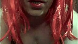Sissy faggot in stockings and suspenders masturbates and cums on the floor
