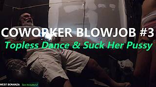 latina coworker strips topless, dances in heels then deepthroats cock after pussy lick