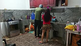 perverted neighbor teases with her huge curvy ass while old man watches her shake it homemade