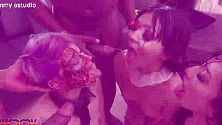 Mina K, Maily Presly, and Camila Smith Take Triple Anal Pounding at Halloween Bash