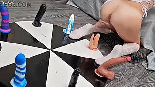 Petite stepsister spins wheel of dildos to claim her massive rough orgasm prize