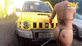 brazilian milf with big natural tits gives outdoor blowjob then anal on monster cock