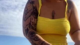 beach slut's bikini splits swollen puffy pussy lips wide open