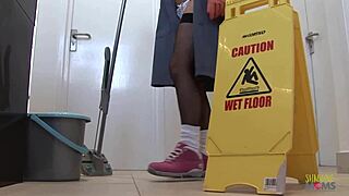 sexy cleaning lady in stockings gives blowjob then rides cock bent over