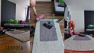 triple cam naked workout gets sweaty with curvy latina ass