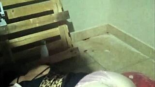 French slut in leather pants takes doggy blowjob rimming