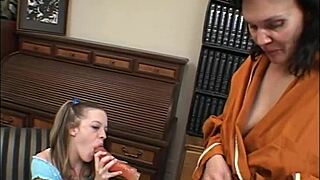 granny licks young teen's panties in lesbian toy fingering scene