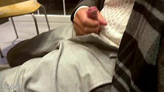 heart pounding as cute babe blows me in toilet after table handjob