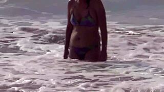 beach stepmom strokes to stepson's cum filling her aroused pussy