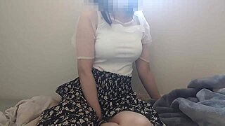 Horny Japanese cutie blankets solo masturbation after coming home, curvy ass shakes