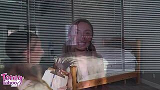 student nina bends over uses pierced tits pussy for college project creampie