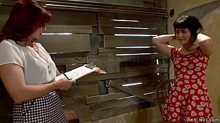 Redhead Lesbian Mistress Anal Fucks Bound Asian Teen Slave with Strapon in BDSM Dungeon