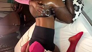 Stepmom and stepdaughters bisexual threesome lick pussies then hard strapon doggystyle fucking big tits