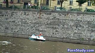 curvy eurobabe strips naked outdoors then rides public waterbike in fetish thrill
