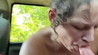 Pretty street hooker deepthroats cock in car then spits massive cum load outdoors