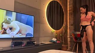 Stepsis flashes shaved pussy and big tits then kisses my cumming cock