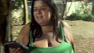 Her huge saggy tits bounce wildly after dinner blowjob in the woods