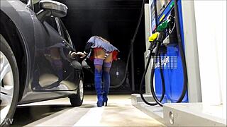 crossdresser flashes fishnet skirt upskirt at public gas station