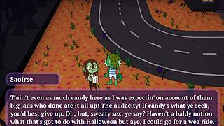 in a halloween hentai game, a redhead witch gets her shaved pussy licked deeply