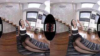 Virtual taboo unfolds with a shaved brunette cougar in pov, showcasing her boobs and taboo desires.