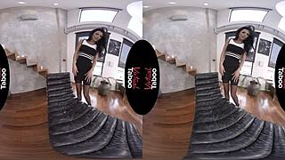 Virtual taboo unfolds with a shaved brunette cougar in pov, showcasing her boobs and taboo desires.