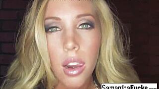 Samantha teases her big tits and blonde pussy while masturbating nude on camera