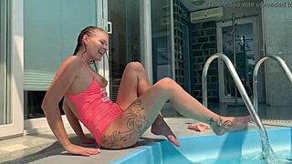 Wow, check this blonde's wild anal dildo play by the pool!