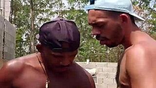 Two guys jerking off in abandoned construction site