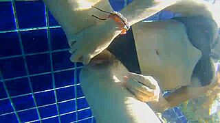 Amateur With Natural Tits Fucks Black Dildo In Pussy With Three Panties In Public Pool.