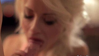 Blonde milf gives blowjob he'll always cherish with handjob.