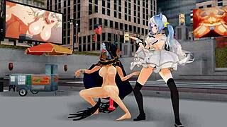 Animated damsel and futanari perform a musical number