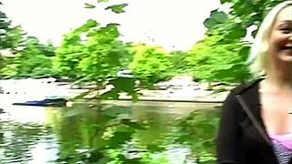 European milf masturbating with dildo on public lake