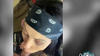 filling my tattooed prostitute's mouth with cumshot on big tits brunette