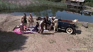 naughty friends group fucking outdoors with big tits and cumshot 😘