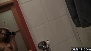 Young slut with a piercing shows off in the bathroom