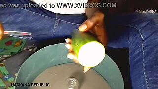 Home kitchen fun with cucumber in tight wet pussy