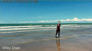 Wife flashing and playing nude football on public beach