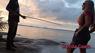 Tatted MILF learns to fish and catches a black stud