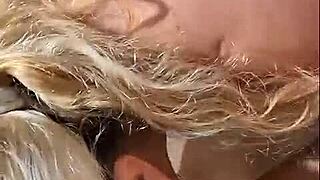 Pam as schoolgirl fucks without condom in front of cuckold husband who joins.