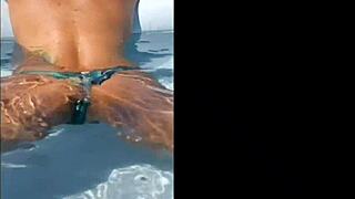 Masturbating bound in pool leads to hardcore fucking with monster cock cumshot on ass and pussy