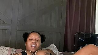 ebony girl uses dildo on her pussy, masturbating and squirting solo