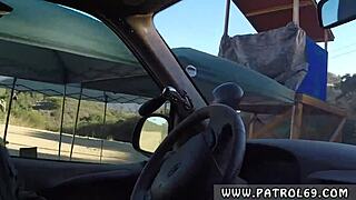 Dominant cop in uniform pulls over brunette for anal