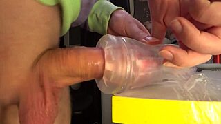 Very strong cumshot fills a tight rubber vagina