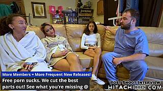 Two attractive lesbians stimulate Channy to multiple orgasms using a Hitachi wand while restrained on a surgical table