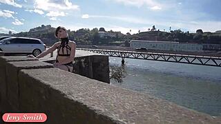 Jeny Smith explores mymokondo strap bondage with flashing and public exposure in heels and shoes