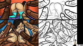 A Latina milf gives a blowjob to a large black penis in a cartoon