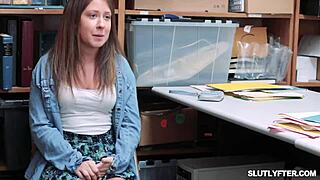 kylie martin sucks lp officer for punishment in shop office. her small tits exposed at work.